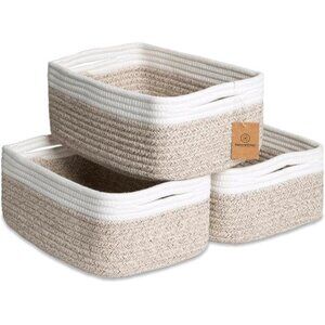 Cotton Rope Storage Baskets Set of 3 Small Woven Organizer Bins for Shelves